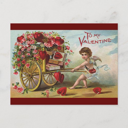 Vintage Valentines Day Angel Cart of Love Hearts Holiday Postcard