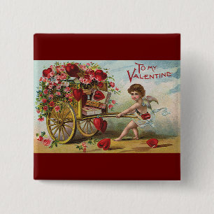 Vintage Valentines Day Angel, Cart of Love Hearts Pinback Button