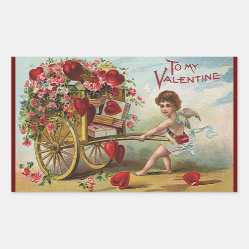 Vintage Valentines Day Angel Cart of Love Hearts Rectangular Sticker
