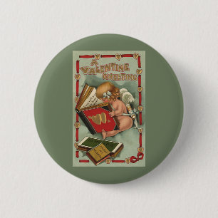 Vintage Valentine's Day Angel, Cupid Reading Book Button