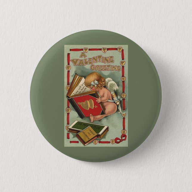 Vintage Valentine's Day Angel, Cupid Reading Book Button (Front)