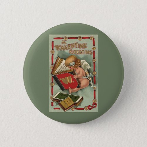 Vintage Valentines Day Angel Cupid Reading Book Button