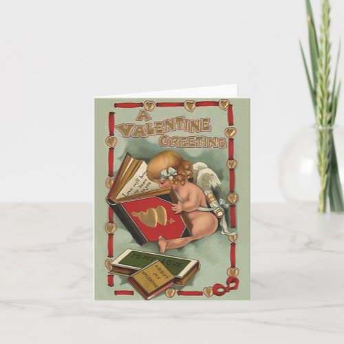 Vintage Valentines Day Angel Cupid Reading Book Holiday Card