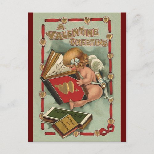 Vintage Valentines Day Angel Cupid Reading Book Holiday Postcard