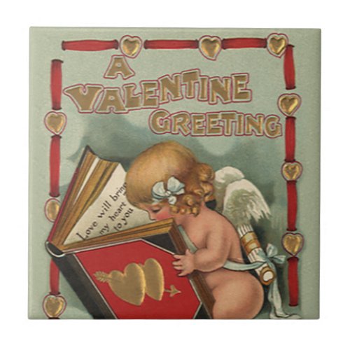 Vintage Valentines Day Angel Cupid Reading Book Tile