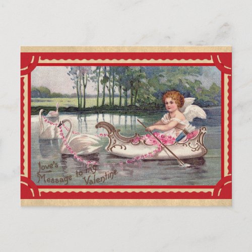 Vintage Valentines Day Angel Swan Boat Postcard