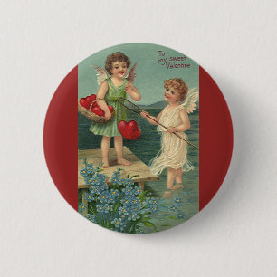 Vintage Valentine's Day, Angels Fishing for Hearts Button