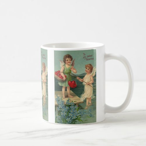 Vintage Valentines Day Angels Fishing for Hearts Coffee Mug