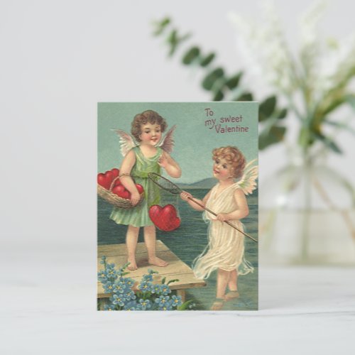 Vintage Valentines Day Angels Fishing for Hearts Holiday Card