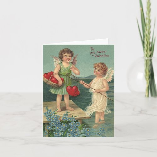 Vintage Valentines Day Angels Fishing for Hearts Holiday Card