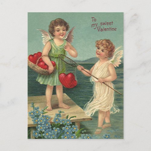 Vintage Valentines Day Angels Fishing for Hearts Holiday Postcard