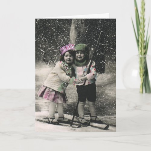 Vintage Valentines Day Best Friends on Skis Holiday Card