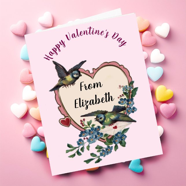 Vintage Valentine's Day Card Bird Flowers Heart (Creator Uploaded)