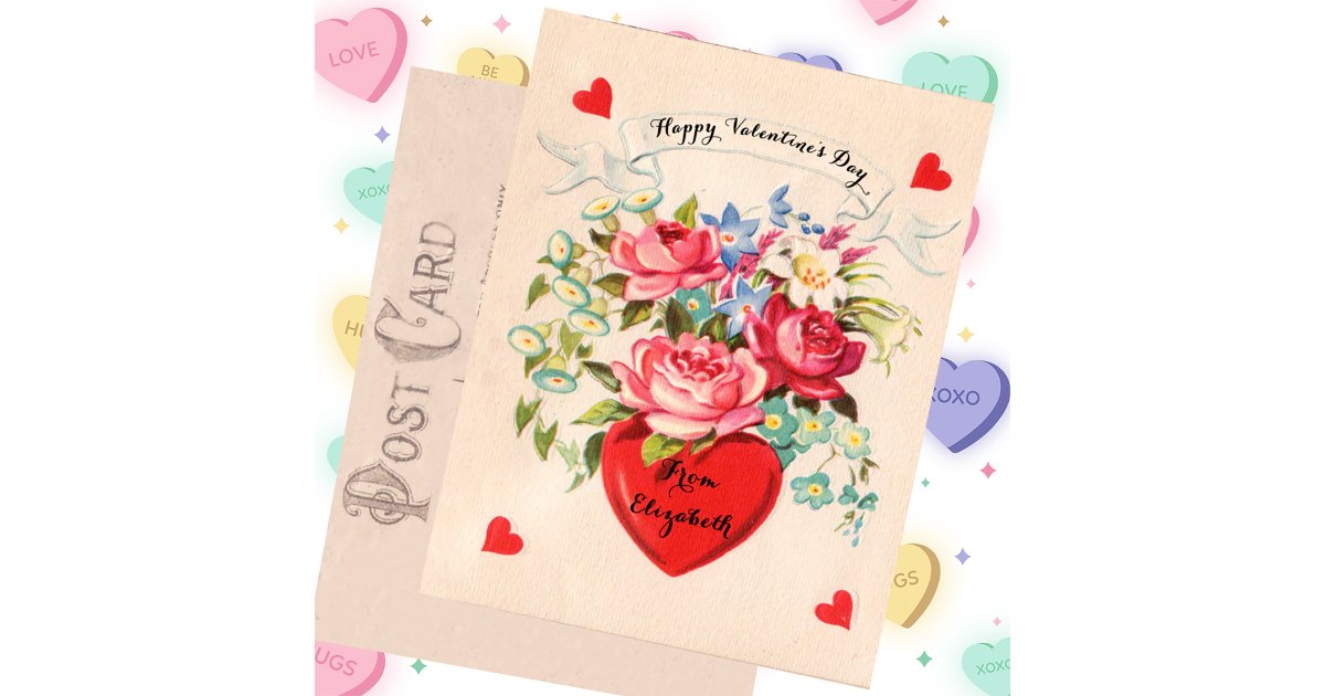 Vintage Valentine's Day Card Heart and Flowers | Zazzle
