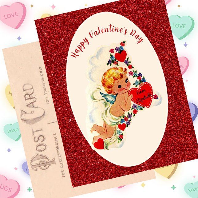Vintage Valentine's Day Card Red Cupid Glitter  (Creator Uploaded)