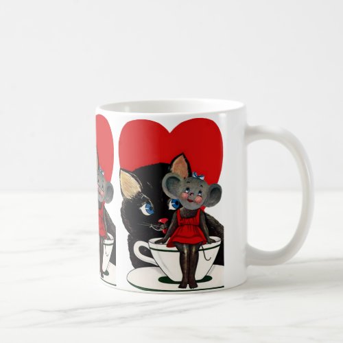Vintage Valentines Day Cat Mouse Tea Cup Heart