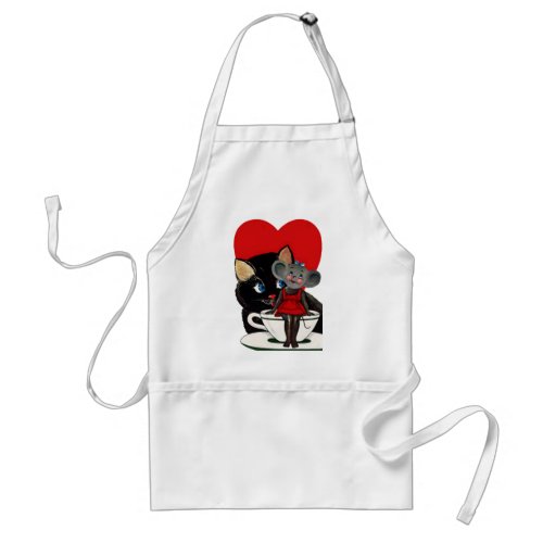 Vintage Valentines Day Cat Mouse Tea Cup Heart Adult Apron