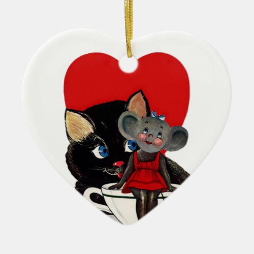 Vintage Valentines Day Cat Mouse Tea Cup Heart Ceramic Ornament
