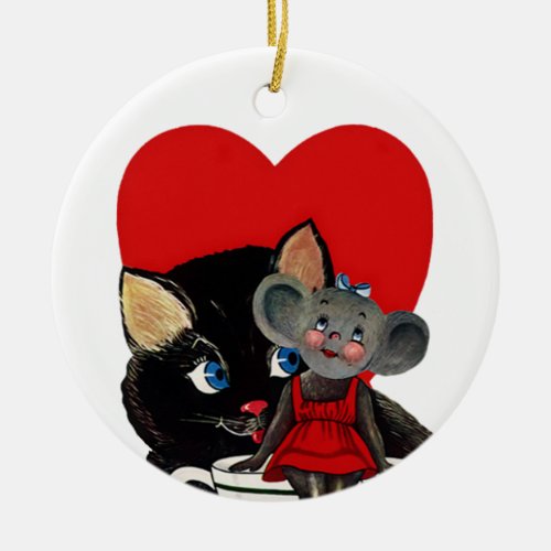 Vintage Valentines Day Cat Mouse Tea Cup Heart Ceramic Ornament