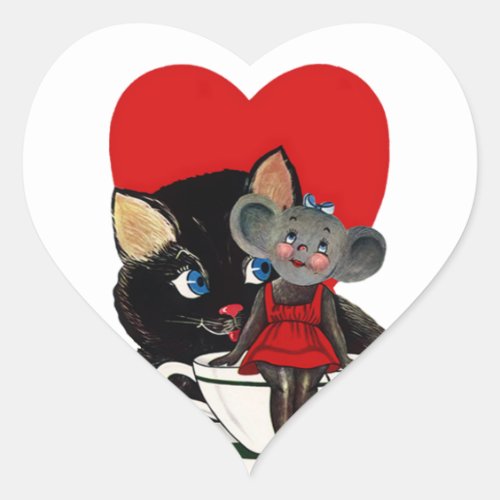 Vintage Valentines Day Cat Mouse Tea Cup Heart Heart Sticker