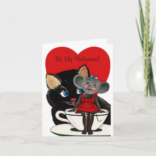 Vintage Valentine's Day, Cat Mouse Tea Cup Heart Holiday Card