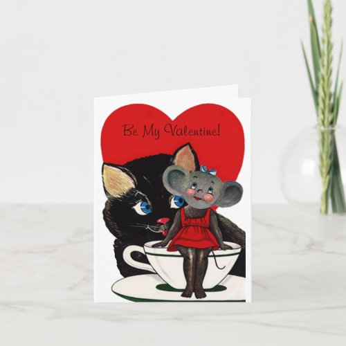 Vintage Valentines Day Cat Mouse Tea Cup Heart Holiday Card