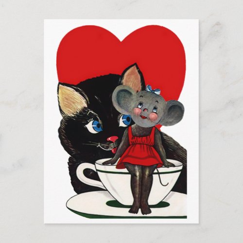 Vintage Valentines Day Cat Mouse Tea Cup Heart Holiday Postcard