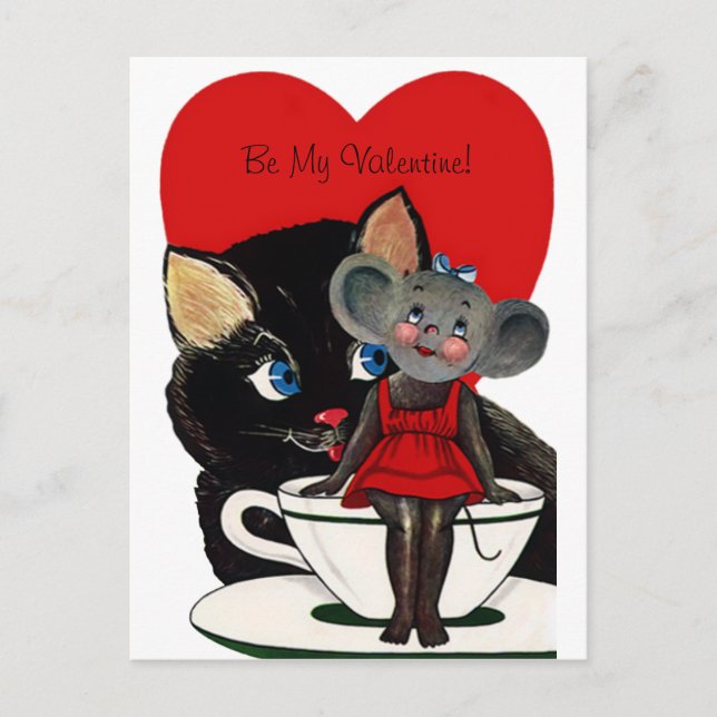 Vintage Valentine's Day, Cat Mouse Tea Cup Heart Holiday Postcard (Front)