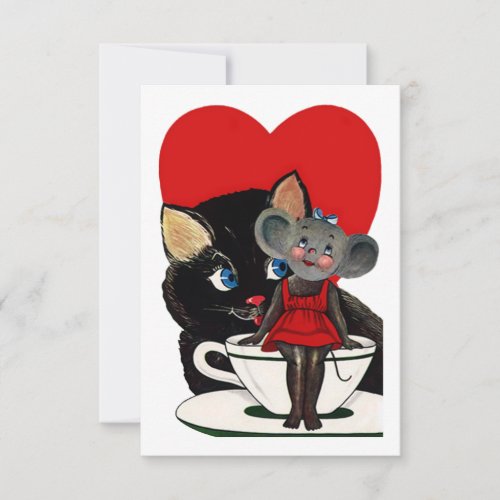 Vintage Valentines Day Cat Mouse Tea Cup Heart Invitation