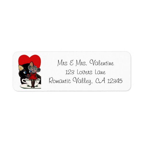Vintage Valentines Day Cat Mouse Tea Cup Heart Label