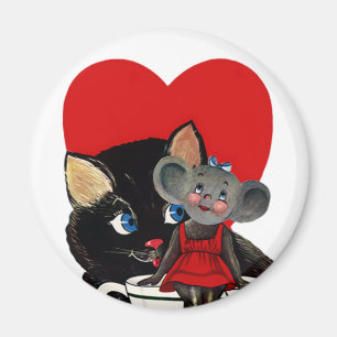 Vintage Valentine's Day, Cat Mouse Tea Cup Heart Magnet