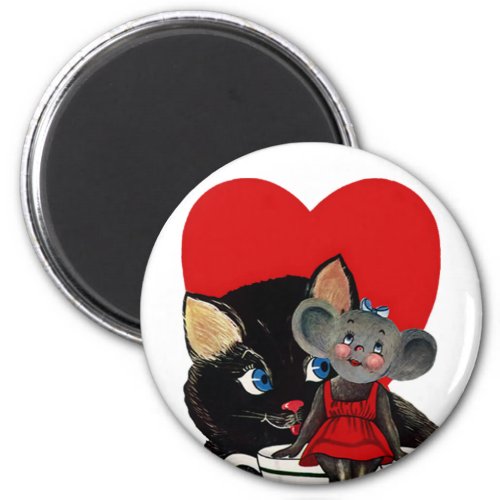 Vintage Valentines Day Cat Mouse Tea Cup Heart Magnet