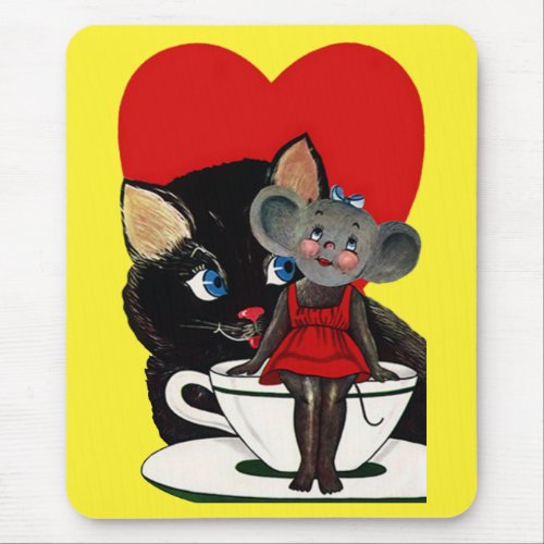 Vintage Valentines Day Cat Mouse Tea Cup Heart Mouse Pad