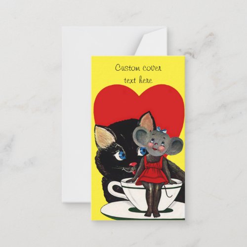 Vintage Valentines Day Cat Mouse Tea Cup Heart Note Card