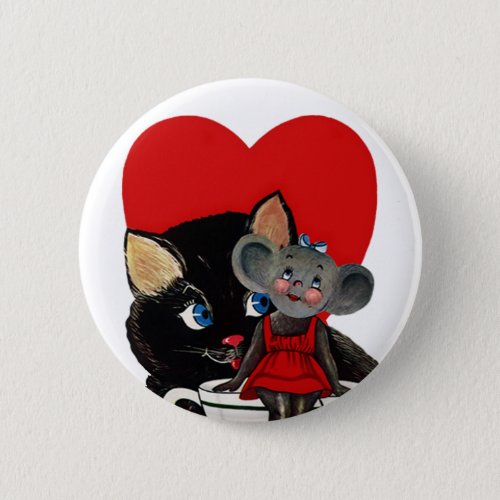 Vintage Valentines Day Cat Mouse Tea Cup Heart Pinback Button