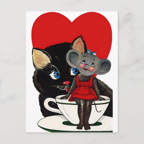 Vintage Valentines Day Cat Mouse Tea Cup Heart Postcard