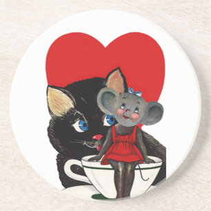 Vintage Valentine's Day, Cat Mouse Tea Cup Heart Sandstone Coaster