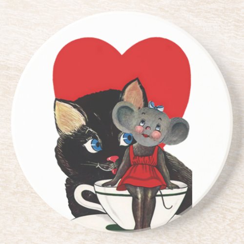 Vintage Valentines Day Cat Mouse Tea Cup Heart Sandstone Coaster