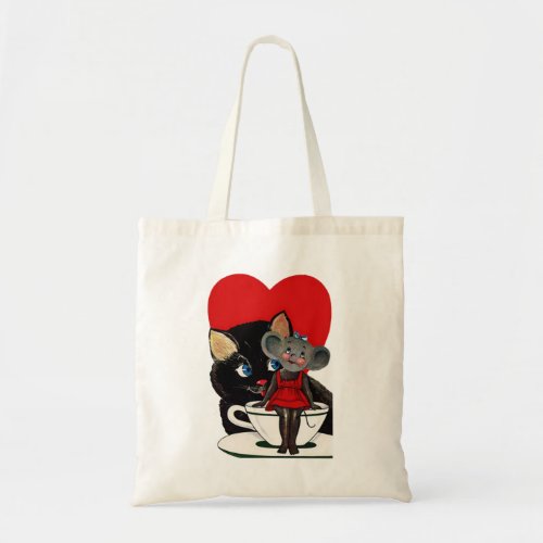 Vintage Valentines Day Cat Mouse Tea Cup Heart Tote Bag