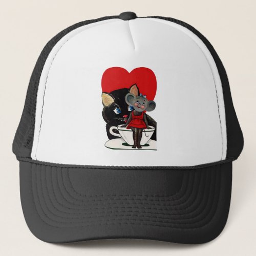 Vintage Valentines Day Cat Mouse Tea Cup Heart Trucker Hat