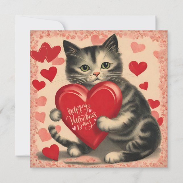 Vintage Valentine's Day Cat with Chocolates  Holiday Card (Front)