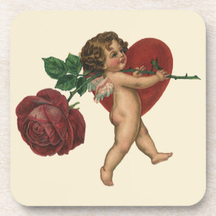 Vintage Valentine's Day Cherub and Victorian Rose Beverage Coaster