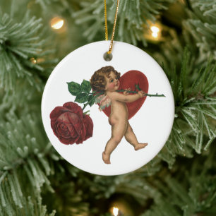 Vintage Valentine's Day Cherub and Victorian Rose Ceramic Ornament