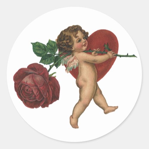 Vintage Valentines Day Cherub and Victorian Rose Classic Round Sticker