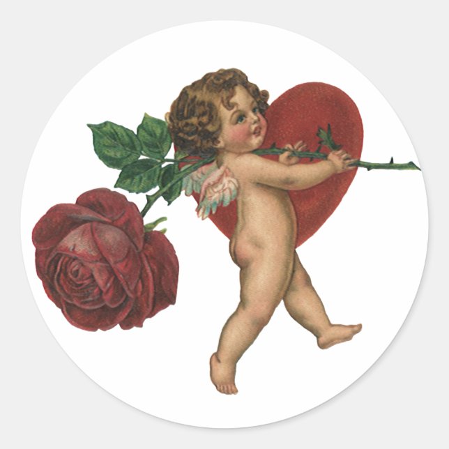 Vintage Valentine's Day Cherub and Victorian Rose Classic Round Sticker (Front)