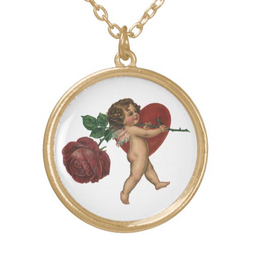 Vintage Valentines Day Cherub and Victorian Rose Gold Plated Necklace