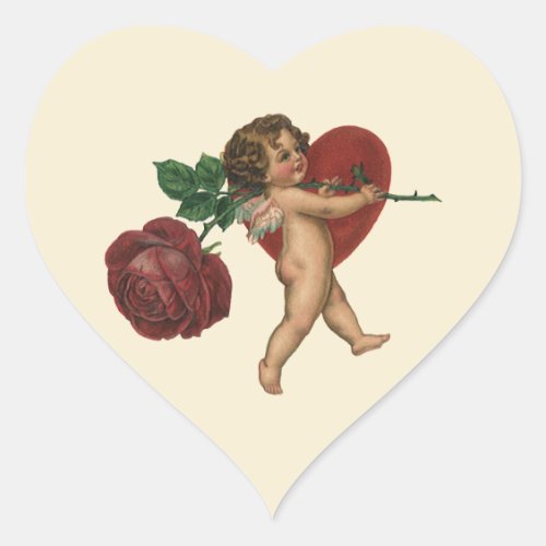 Vintage Valentines Day Cherub and Victorian Rose Heart Sticker