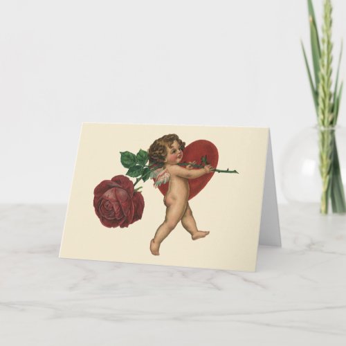 Vintage Valentines Day Cherub and Victorian Rose Holiday Card