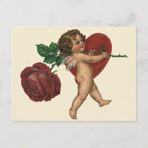 Vintage Valentines Day Cherub and Victorian Rose Holiday Postcard