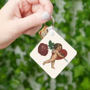 Vintage Valentine's Day Cherub and Victorian Rose Keychain